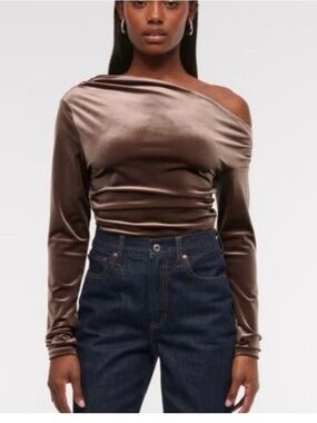 Abercrombie & Fitch Off-Shoulder Velvet Long-Sleeve Top in Taupe